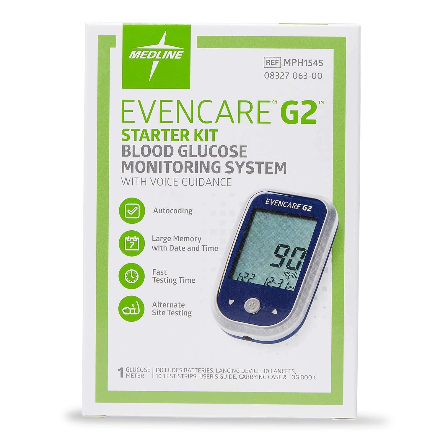 Medline EvenCare G2 Blood Glucose Monitor Starter Kit, Diabetic Care, 6 Sec Results, General Purpose Lancing Device  Lancets, Test Strips, Batteries, Guide, Carrying Case, Logbook, Voice Guidance