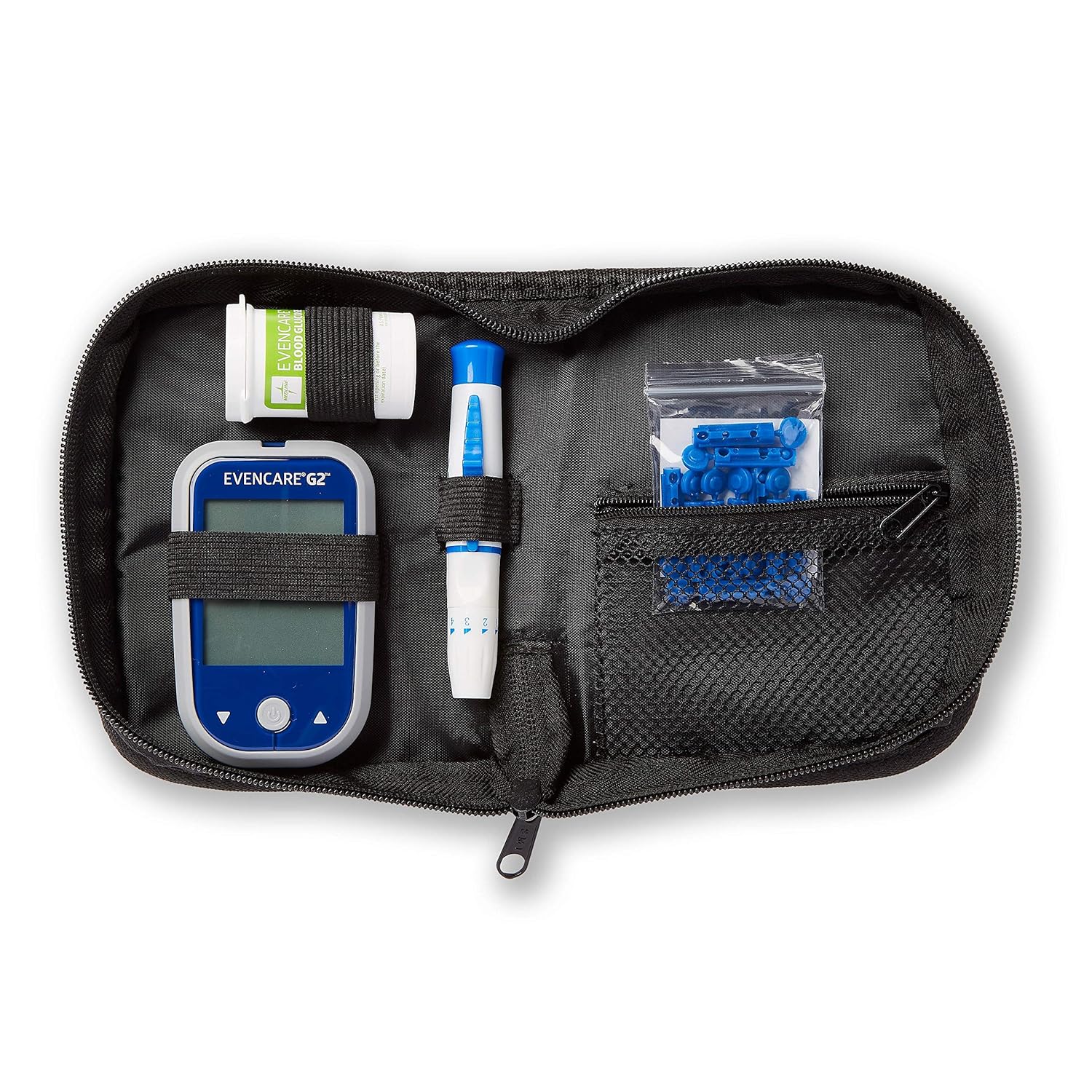 Medline EvenCare G2 Blood Glucose Monitor Starter Kit, Diabetic Care, 6 Sec Results, General Purpose Lancing Device  Lancets, Test Strips, Batteries, Guide, Carrying Case, Logbook, Voice Guidance