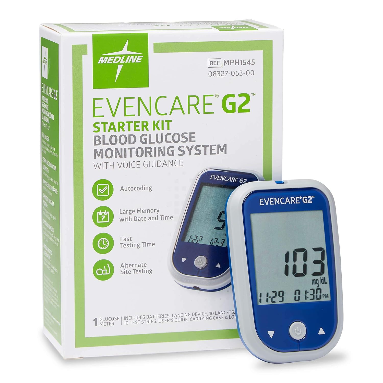 Medline EvenCare G2 Blood Glucose Monitor Starter Kit, Diabetic Care, 6 Sec Results, General Purpose Lancing Device  Lancets, Test Strips, Batteries, Guide, Carrying Case, Logbook, Voice Guidance