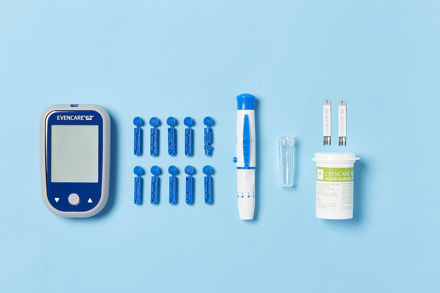 Medline EvenCare G2 Blood Glucose Monitor Starter Kit, Diabetic Care, 6 Sec Results, General Purpose Lancing Device  Lancets, Test Strips, Batteries, Guide, Carrying Case, Logbook, Voice Guidance