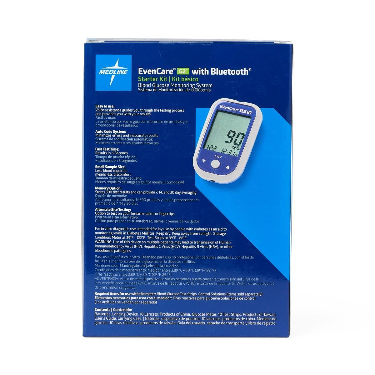 Medline EvenCare G2 Blood Glucose Monitoring Meter with Bluetooth Connectivity Starter Kit with Reusable Lancing Device, 10 Lancets, 10 Test Strips, Users Guide, and Carrying Case