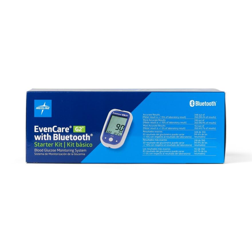 Medline EvenCare G2 Blood Glucose Monitoring Meter with Bluetooth Connectivity Starter Kit with Reusable Lancing Device, 10 Lancets, 10 Test Strips, Users Guide, and Carrying Case