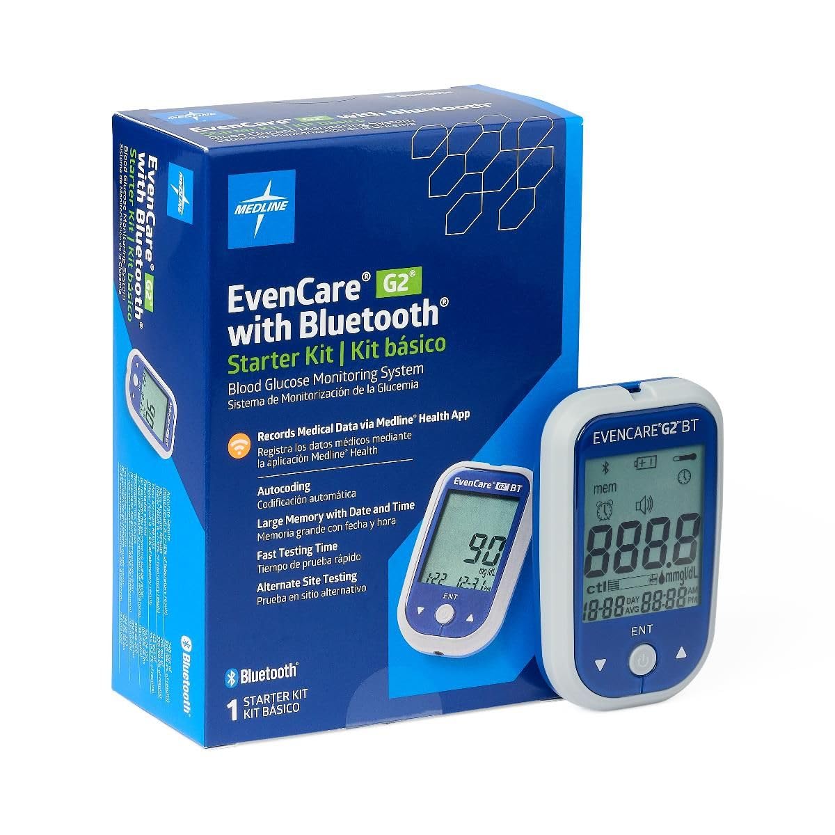 Medline EvenCare G2 Blood Glucose Monitoring Meter with Bluetooth Connectivity Starter Kit with Reusable Lancing Device, 10 Lancets, 10 Test Strips, Users Guide, and Carrying Case