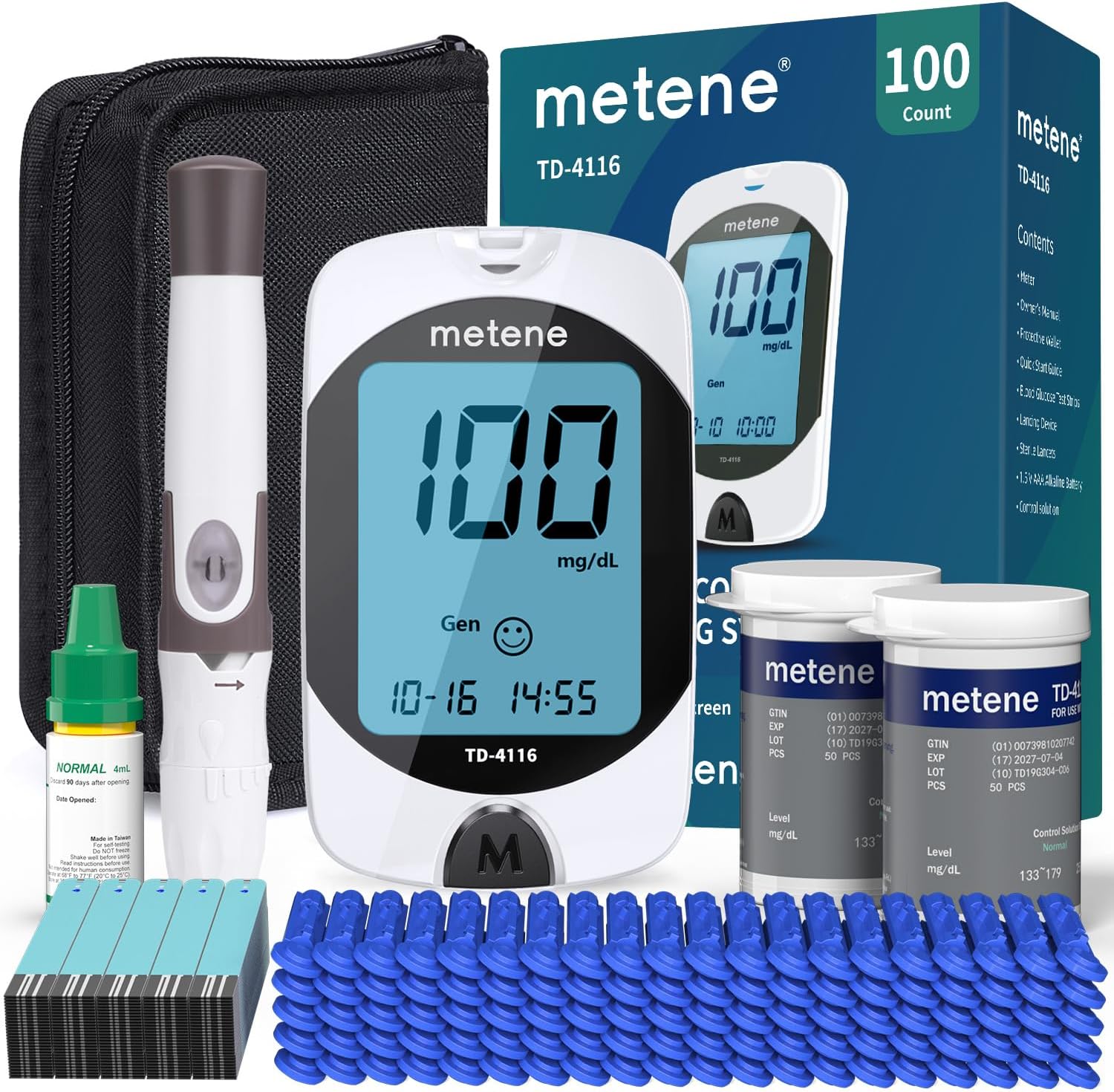 Metene TD-4116 Blood Glucose Monitor Kit, 100 Glucometer Strips, 100 Lancets, 1 Blood Sugar Monitor, Blood Sugar Test Kit with Control Solution, Lancing Device, No Coding, Large Display