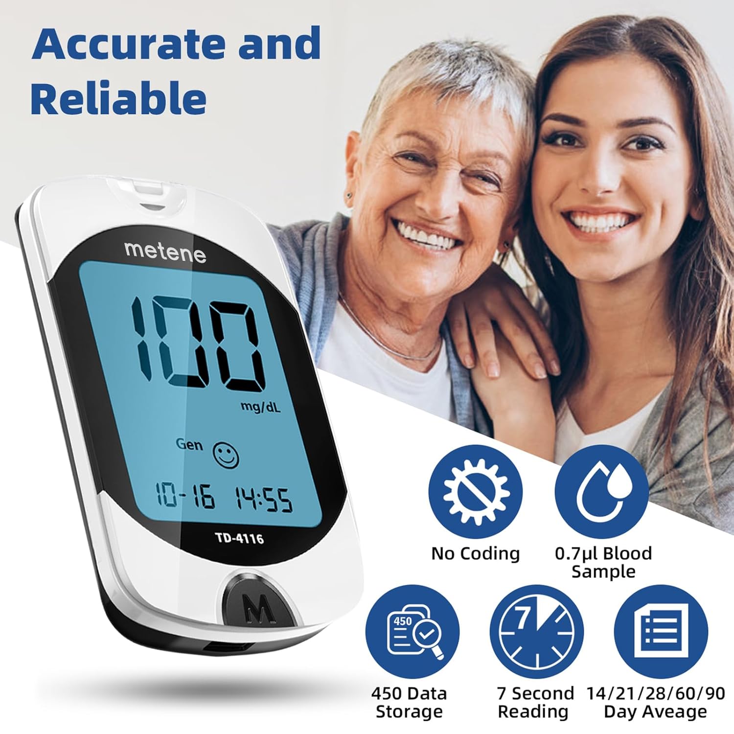 Metene TD-4116 Blood Glucose Monitor Kit, 150 Glucometer Strips, 150 Lancets, 1 Blood Sugar Monitor, Blood Sugar Test Kit with Control Solution, Lancing Device, No Coding, Large Display