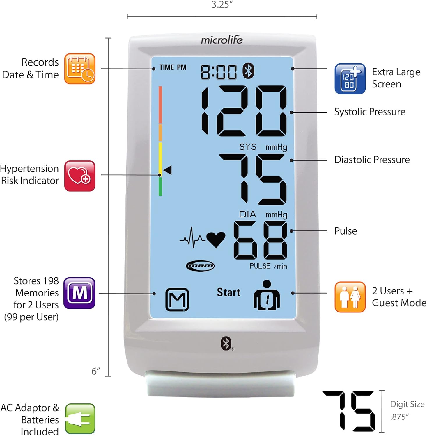 Microlife Series 800 Smart Upper Arm Blood Pressure Monitor for 2 Users, Wide Range Cuff Fits Standard to Large Adult Arms, Bluetooth Connect to Health App (iOS and Android Compatible)