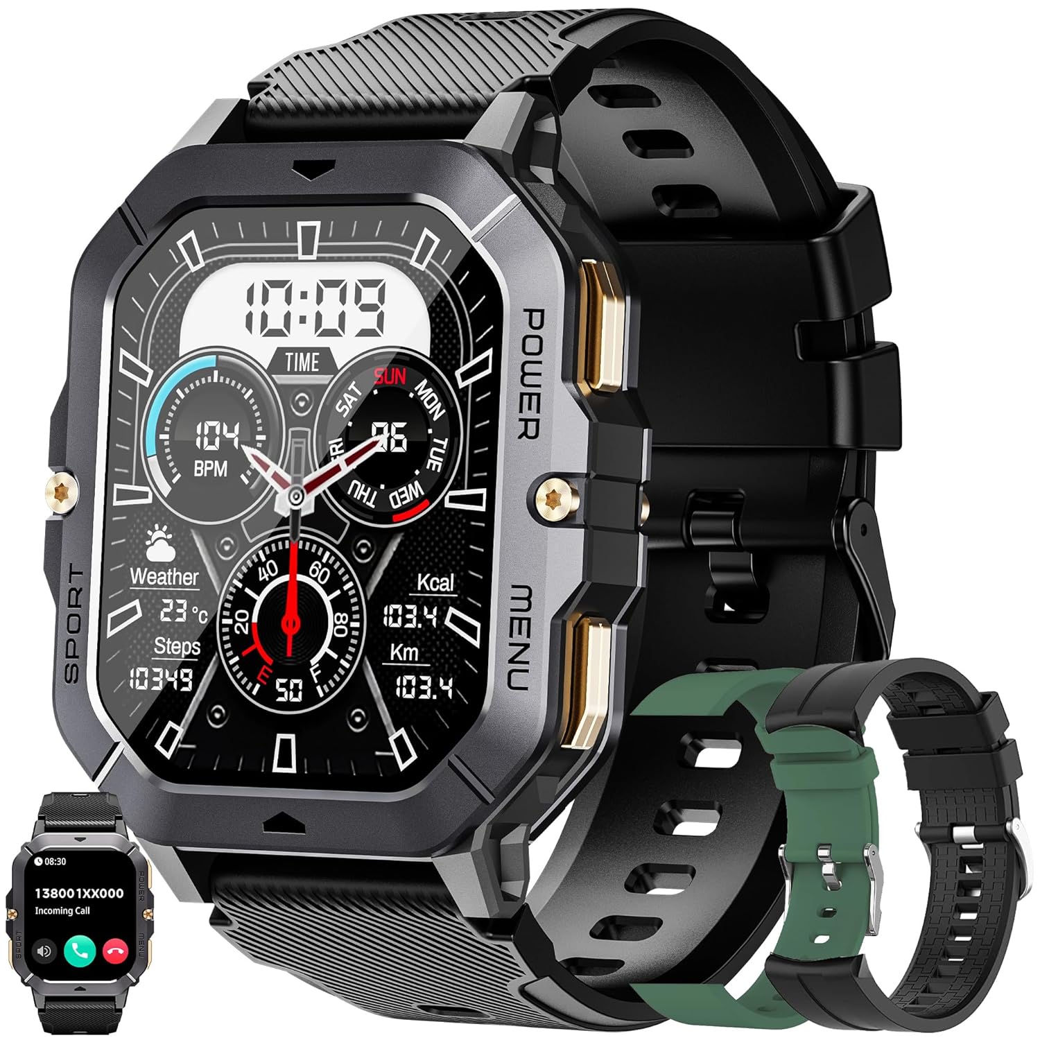 Military Smart Watch for Men(Answer/Make Calls), 2.02”AMOLED 5ATM Waterproof Smartwatch with Heart Rate/SpO2/Blood Pressure, 100+ Sports, Fitness Watch for Android iPhone, with 3 Watch Bands (Black)