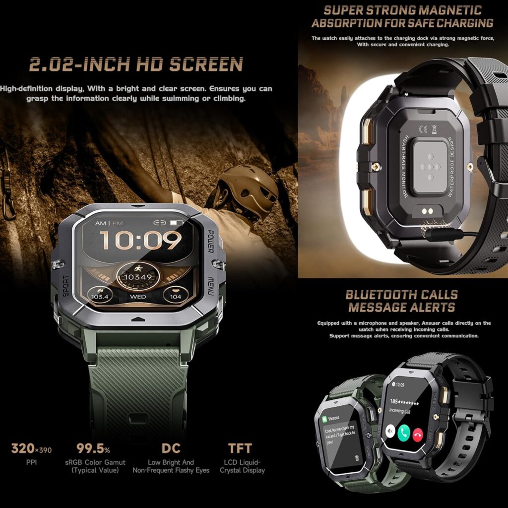 Military Smart Watch for Men(Answer/Make Calls), 2.02”AMOLED 5ATM Waterproof Smartwatch with Heart Rate/SpO2/Blood Pressure, 100+ Sports, Fitness Watch for Android iPhone, with 3 Watch Bands (Black)