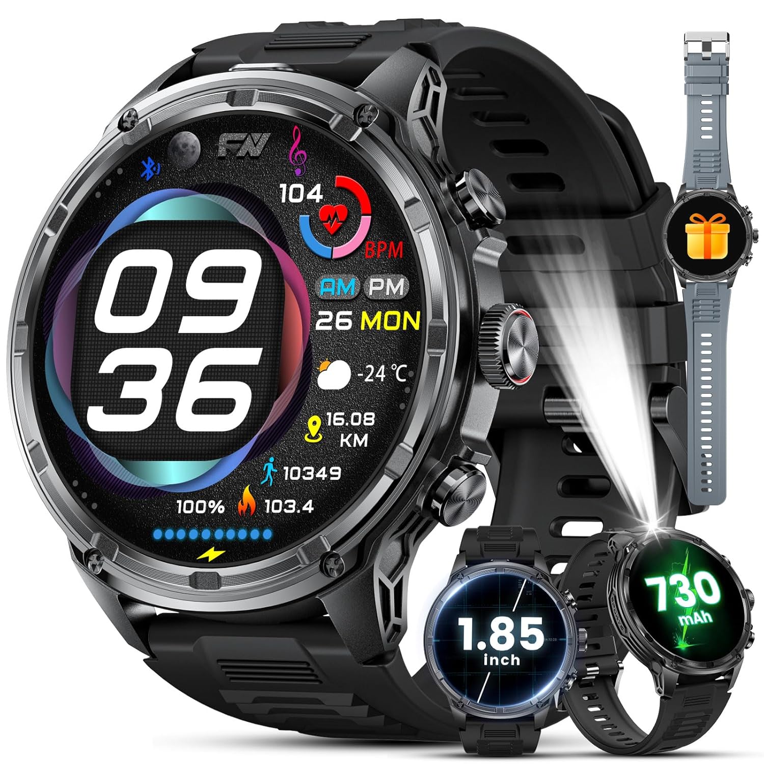 Military Smart Watches for Men with 80-Days Standby(710mAh)/Flashlight/50M Waterproof/1.85 HD Large Screen,100+ Sports Fitness Tracker Watch,Pedometer Mens Smart Watch Android iOS Black Silicone
