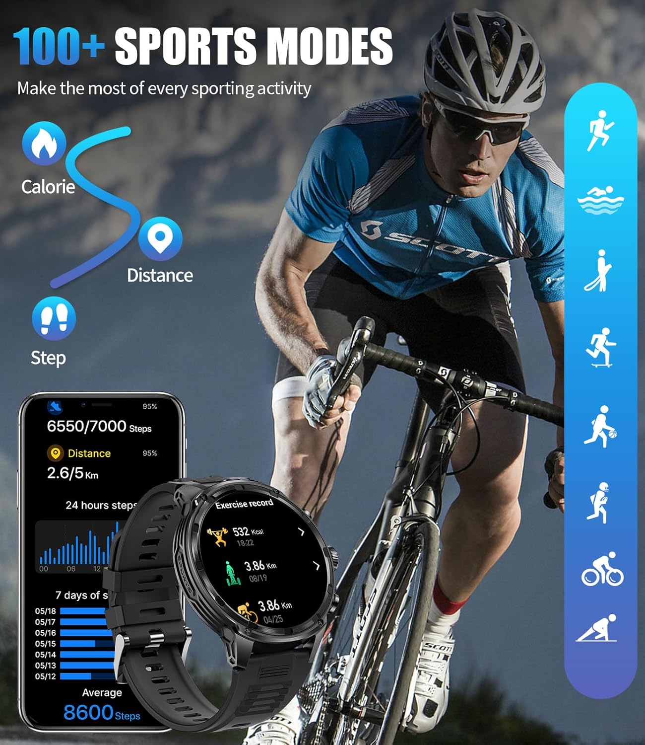 Military Smart Watches for Men with 80-Days Standby(710mAh)/Flashlight/50M Waterproof/1.85 HD Large Screen,100+ Sports Fitness Tracker Watch,Pedometer Mens Smart Watch Android iOS Black Silicone
