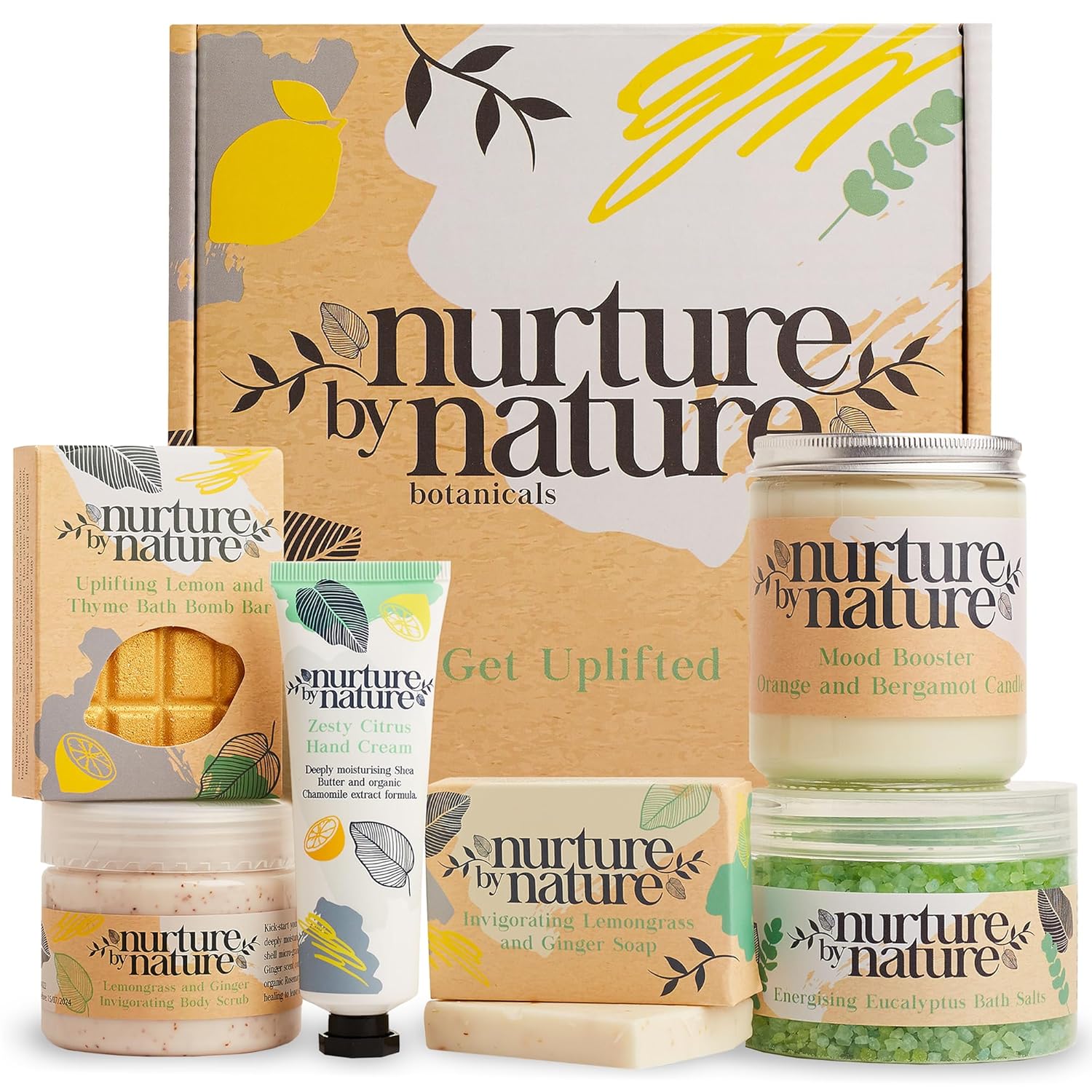 Nurture by Nature RELAX  UPLIFT Spa Kit – Birthday Gifts for Women – 6-in-1 Self-Care Kit, Spa Gift Baskets for Women, Bath Sets Gift - Bath Salts, Body Scrub, Bath Bomb, Candle, Hand Cream, Soap