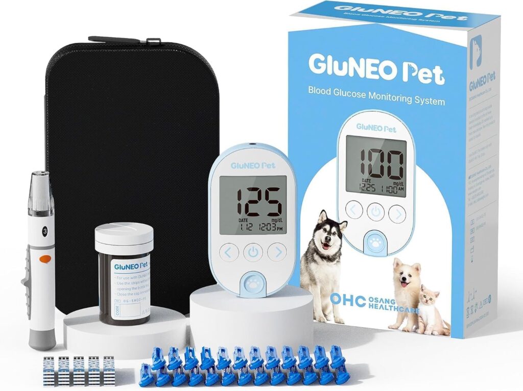 OHC GluNEO Pet Blood Glucose Monitoring System for Cats and Dogs – Accurate  Easy Testing Complete Set – Includes Wireless Meter, Lancing Device, 25 Test Strips, 25 Lancets, Soft Case