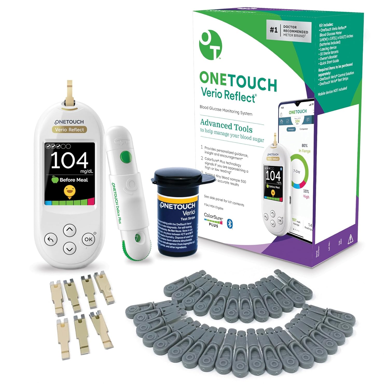 OneTouch Blood Sugar Test Kit | Includes OneTouch Verio Reflect Blood Glucose Meter, 1 Lancing Device, 30 Lancets,  30 Test Strips, | Diabetes Testing Kit for Blood Glucose Monitoring