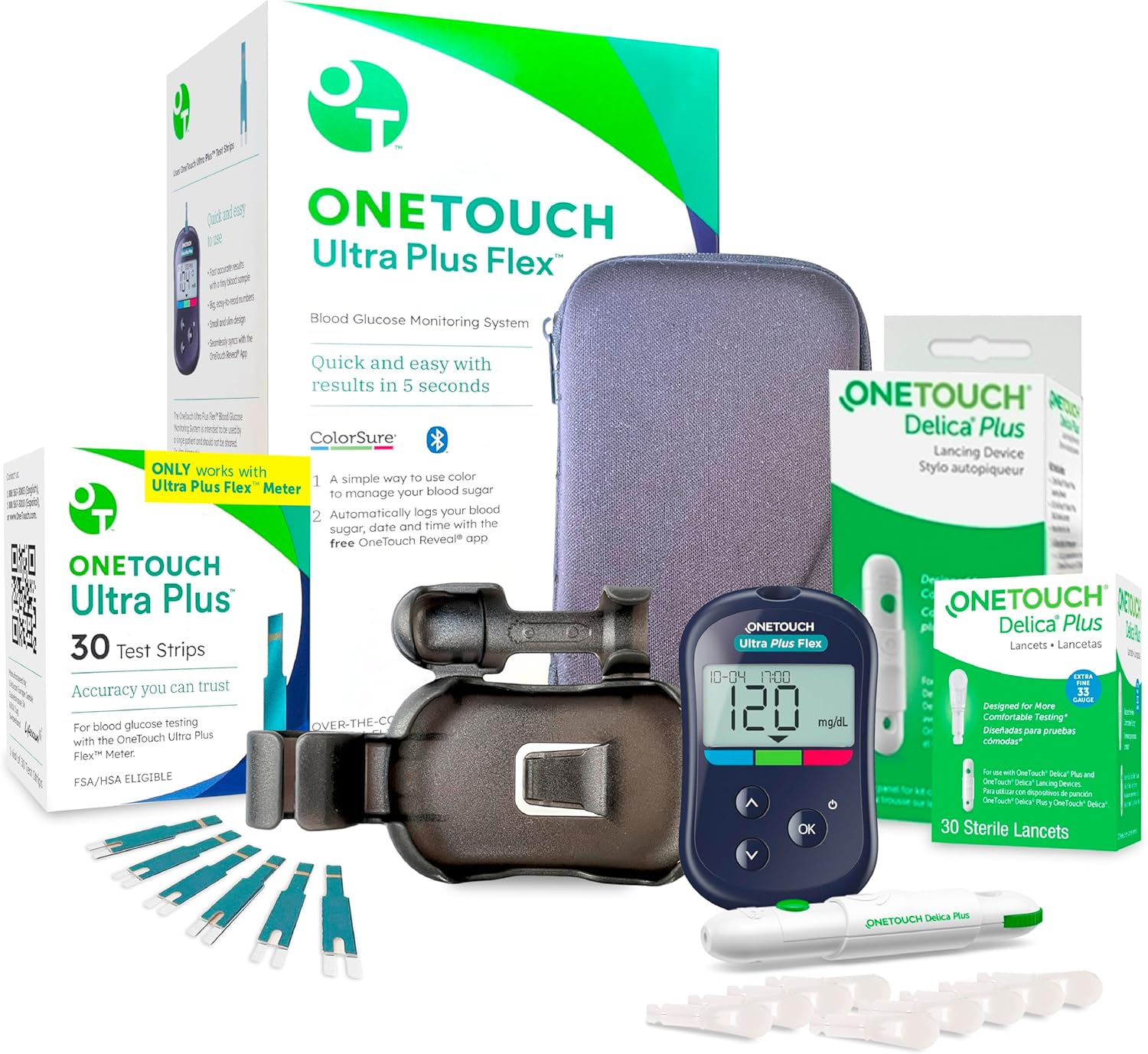 OneTouch Ultra Plus Flex Value Diabetes Testing Kit | Blood Sugar Test Kit Includes 1 Blood Glucose Meter, 1 Lancing Device, 30 Lancets, 30 Diabetic Test Strips,  Carrying Case