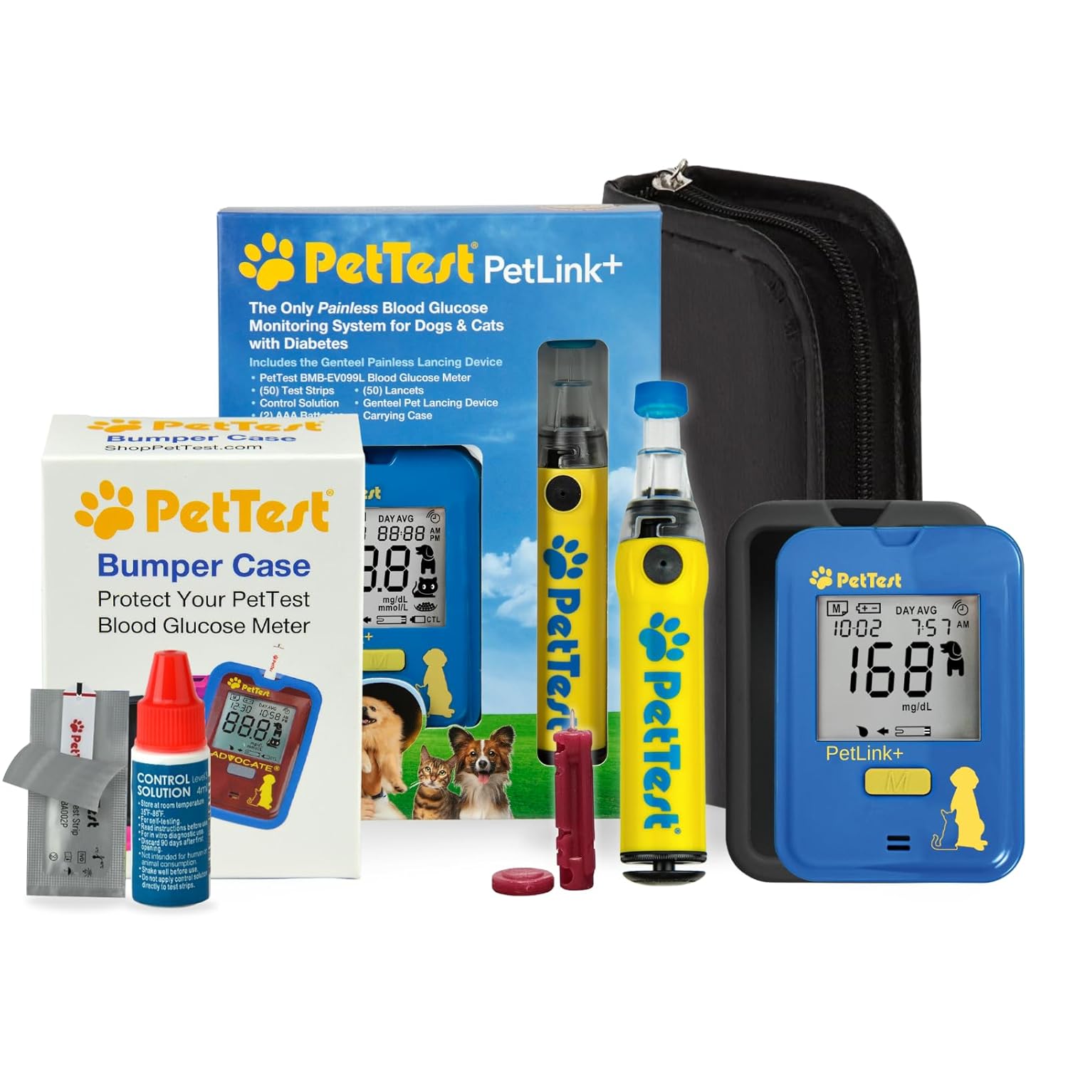 Painless Pet Glucose Monitoring Kit and Black Bumper Case for Dogs  Cats, Blood Sugar Check, Includes PetLink+ Meter, 50 Test Strips, Genteel Lancing Device, 50 Lancets