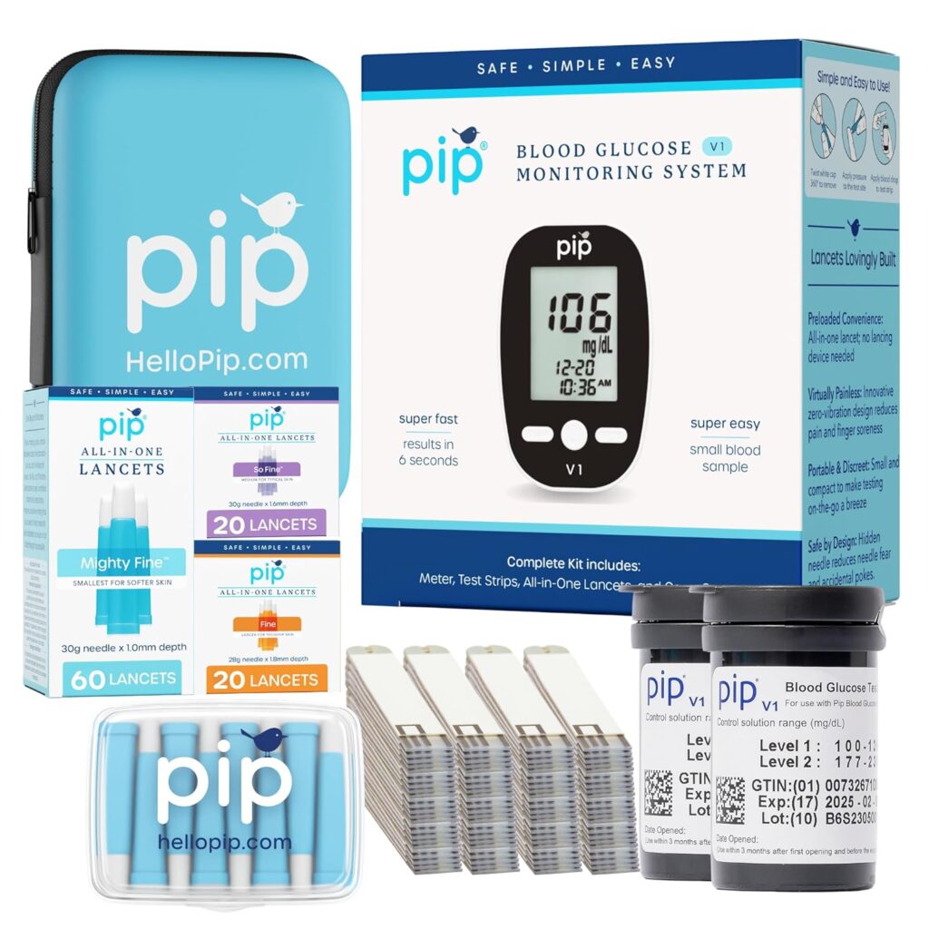 Pip Blood Glucose Monitor Travel Kit – Includes 100 Glucometer Strips, 100 Pre-Loaded Lancets, Blood Sugar Monitor, Control Solution – Portable Testing Kit