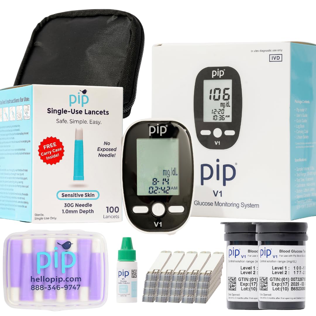 Pip Blood Glucose Monitor Travel Kit – Includes 100 Glucometer Strips, 100 Pre-Loaded Lancets, Blood Sugar Monitor, Control Solution – Portable Testing Kit