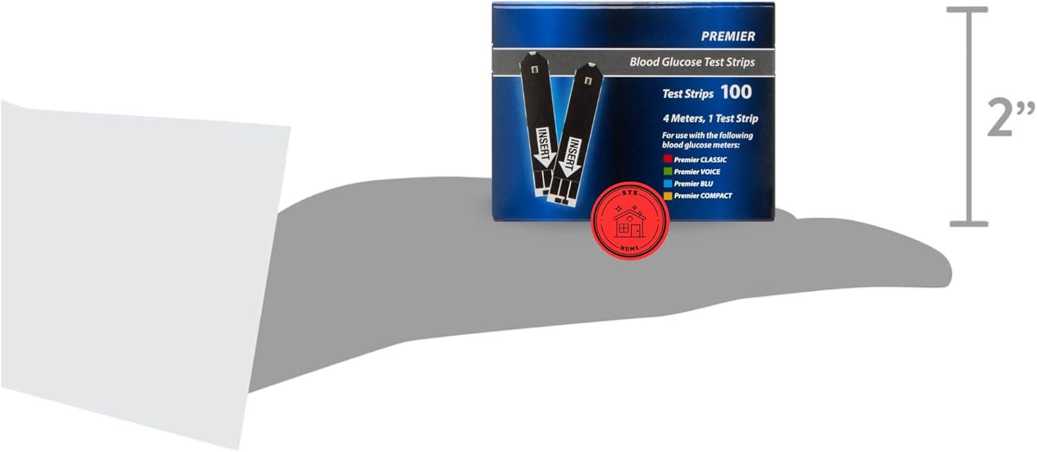 Premier Blood Glucose Test Strips | Blood Glucose Test Strips | Test Strips for Diabetes | Blood Sugar Test Strips | Diabetic Test Strips | Premier Test Strips 100 Count + STS Sticker.