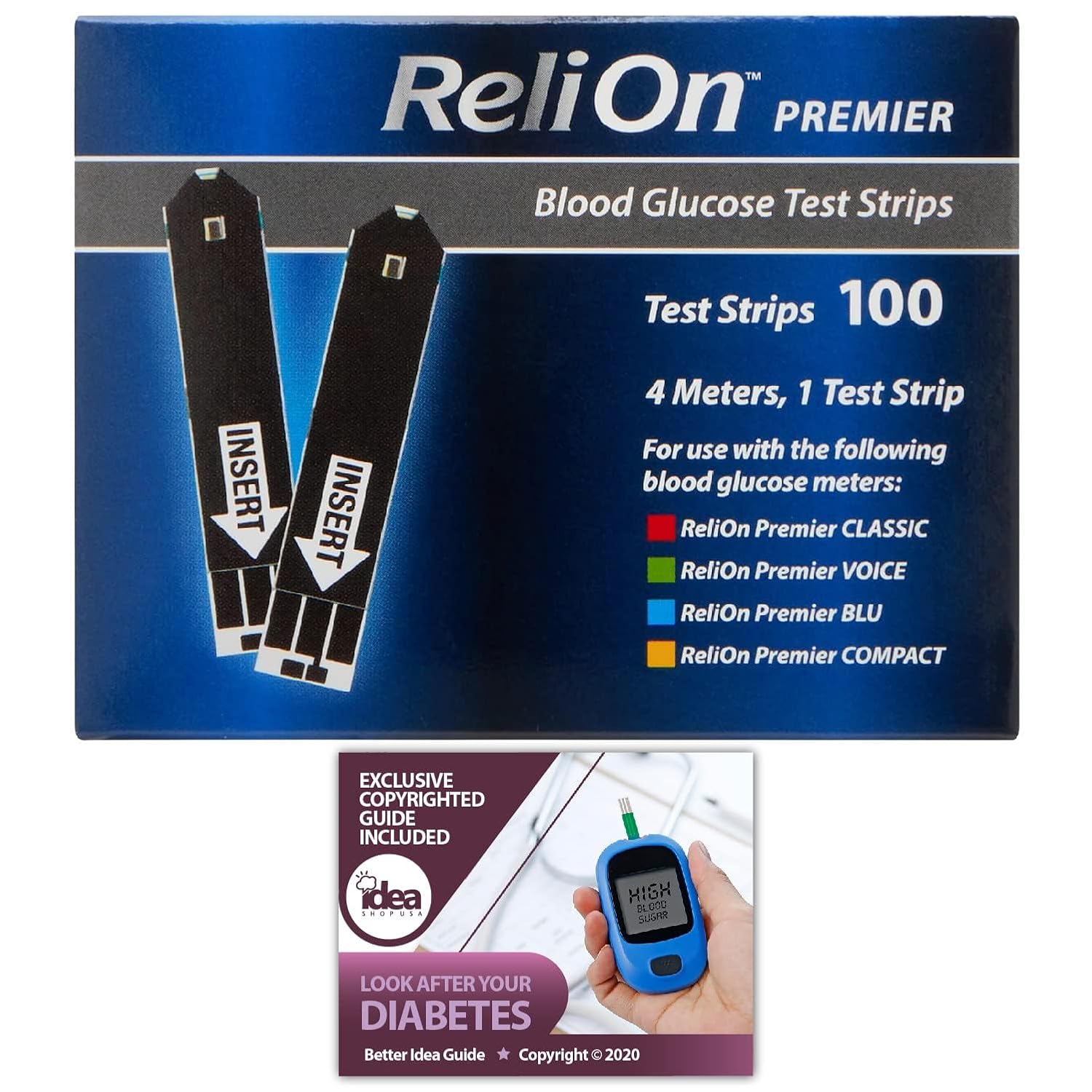 Premier Blood Glucose Testing Strips 100ct (1 Pack) No Coding Required, Premier Meters, Diabetic Test Strips for Accurate Blood Sugar Monitoring Bonus Diabetes Guide