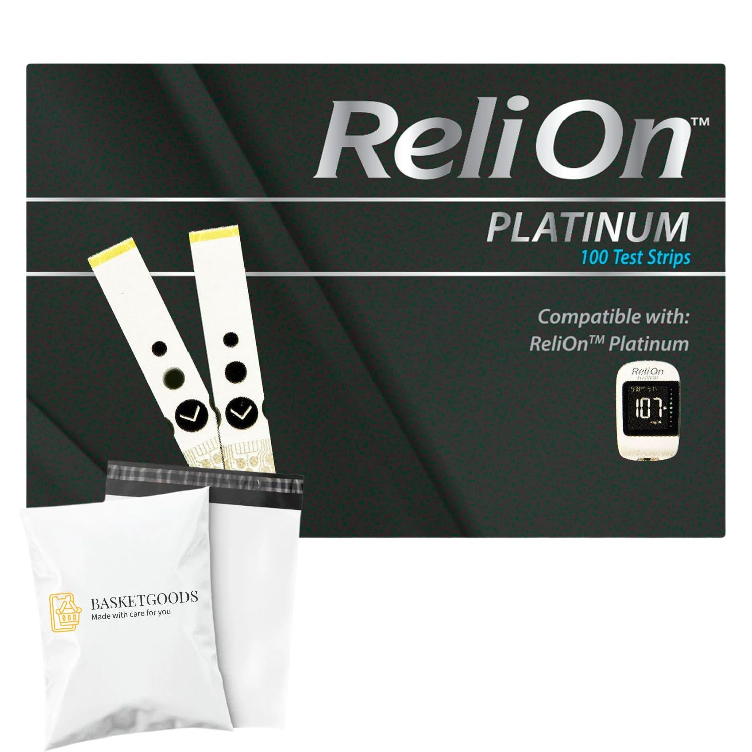 ReliOn Platinum Blood Glucose Test Strips | Test Strips for Diabetes | Blood Sugar Test Strips | Diabetic Test Strips | 100 (Pack of 1) Test Strips Bundle with Basket Goods Store