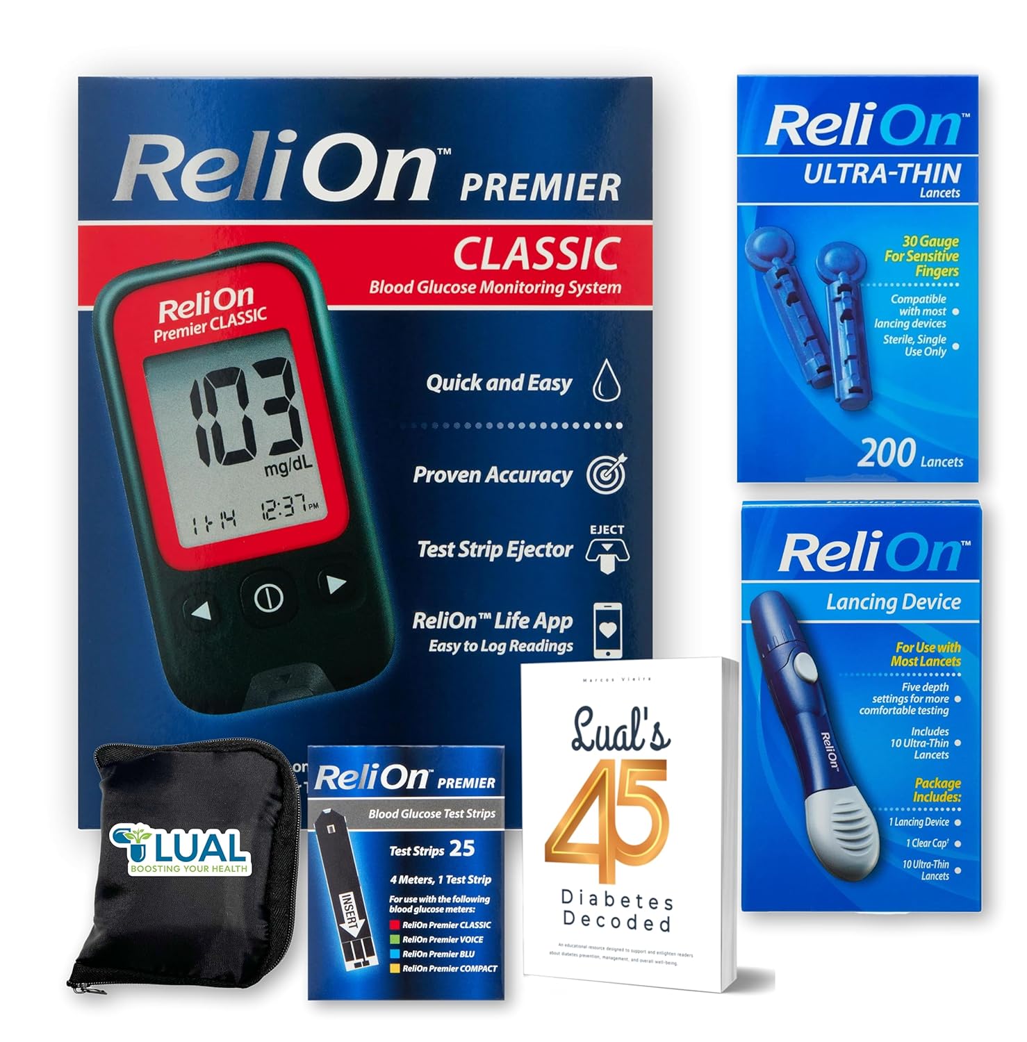 ReliOn Premier Glucose Monitor Starter Kit with Strips, Lancets  Lancing. Full Diabetes Testing Bundle with Lualls 45 Diabetes Decoded