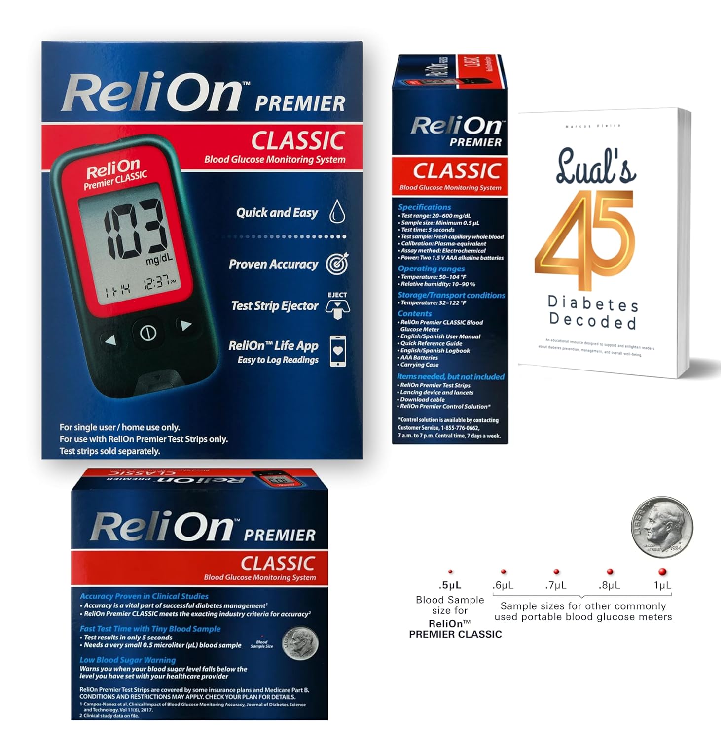ReliOn Premier Glucose Monitor Starter Kit with Strips, Lancets  Lancing. Full Diabetes Testing Bundle with Lualls 45 Diabetes Decoded