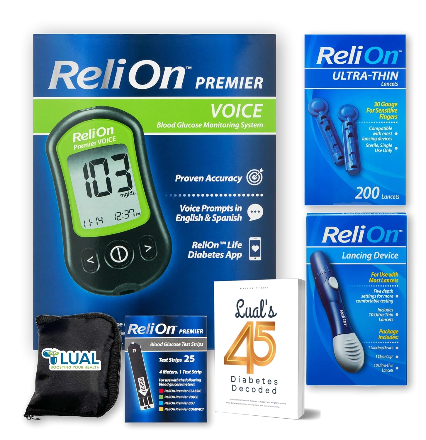 ReliOn Premier VOICE Glucose Monitor Kit. Diabetes Testing Bundle with Audio Prompts + Test Strips, Lancets, Lancing Device  Lualls 45 Diabetes Decoded. Blood Glucose Monitor Kit