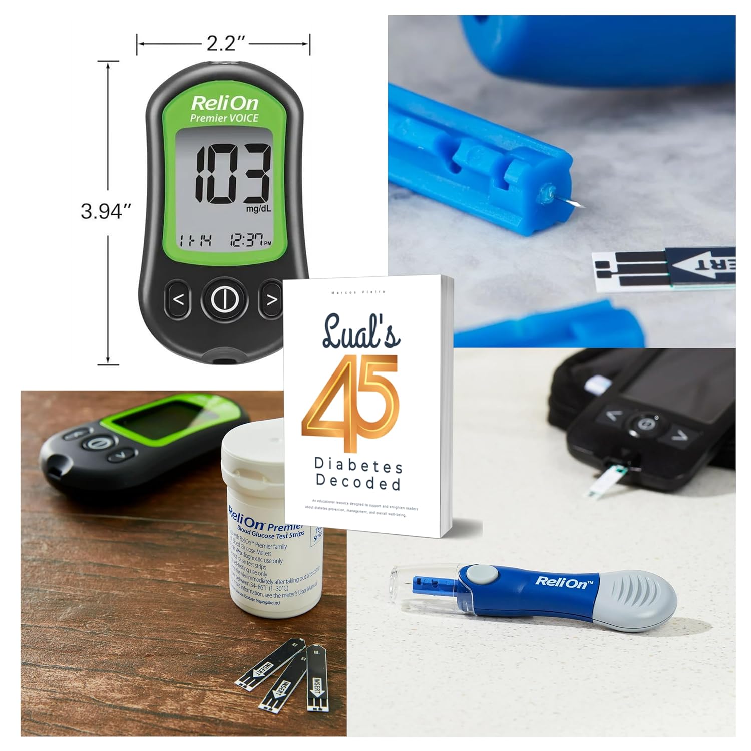 ReliOn Premier VOICE Glucose Monitor Kit. Diabetes Testing Bundle with Audio Prompts + Test Strips, Lancets, Lancing Device  Lualls 45 Diabetes Decoded. Blood Glucose Monitor Kit