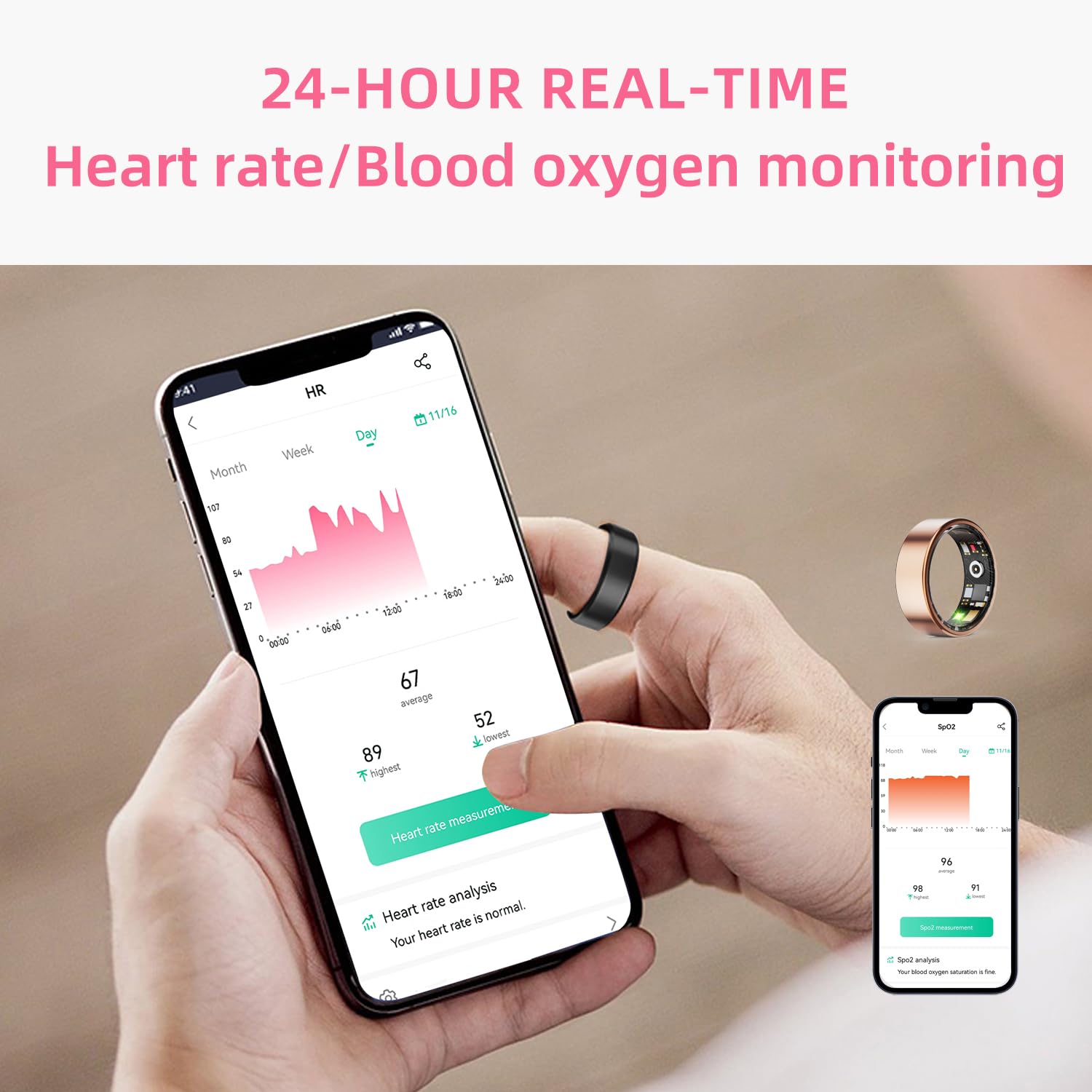 Smart Ring for Men  Women, Smart Ring Health Tracker, Blood Oxygen  Heart Rate Monitor Sleep Ring, Wearable IP68 Waterproof Fitness Monitor, Long Lasting Battery Smart Ring (Black, 10)
