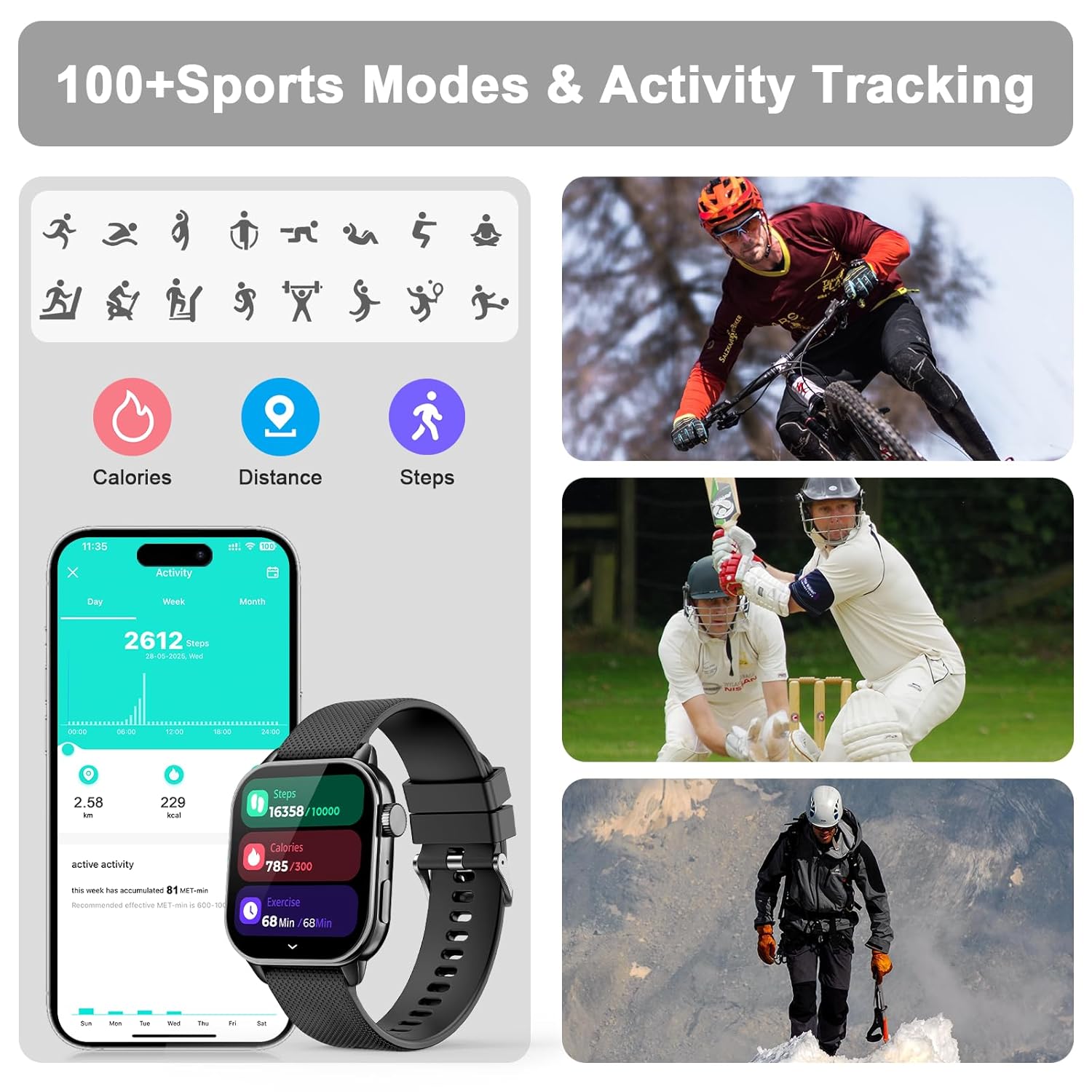 Smart Watch for Men Women(answer/make calls), 1.85 AMOLED HD Always On Display, Smartwatch with Calories/Heart Rate/Sleep Monitor, 100+ Sports Modes Fitness Tracker, IP68 Waterproof Pedometer, Black