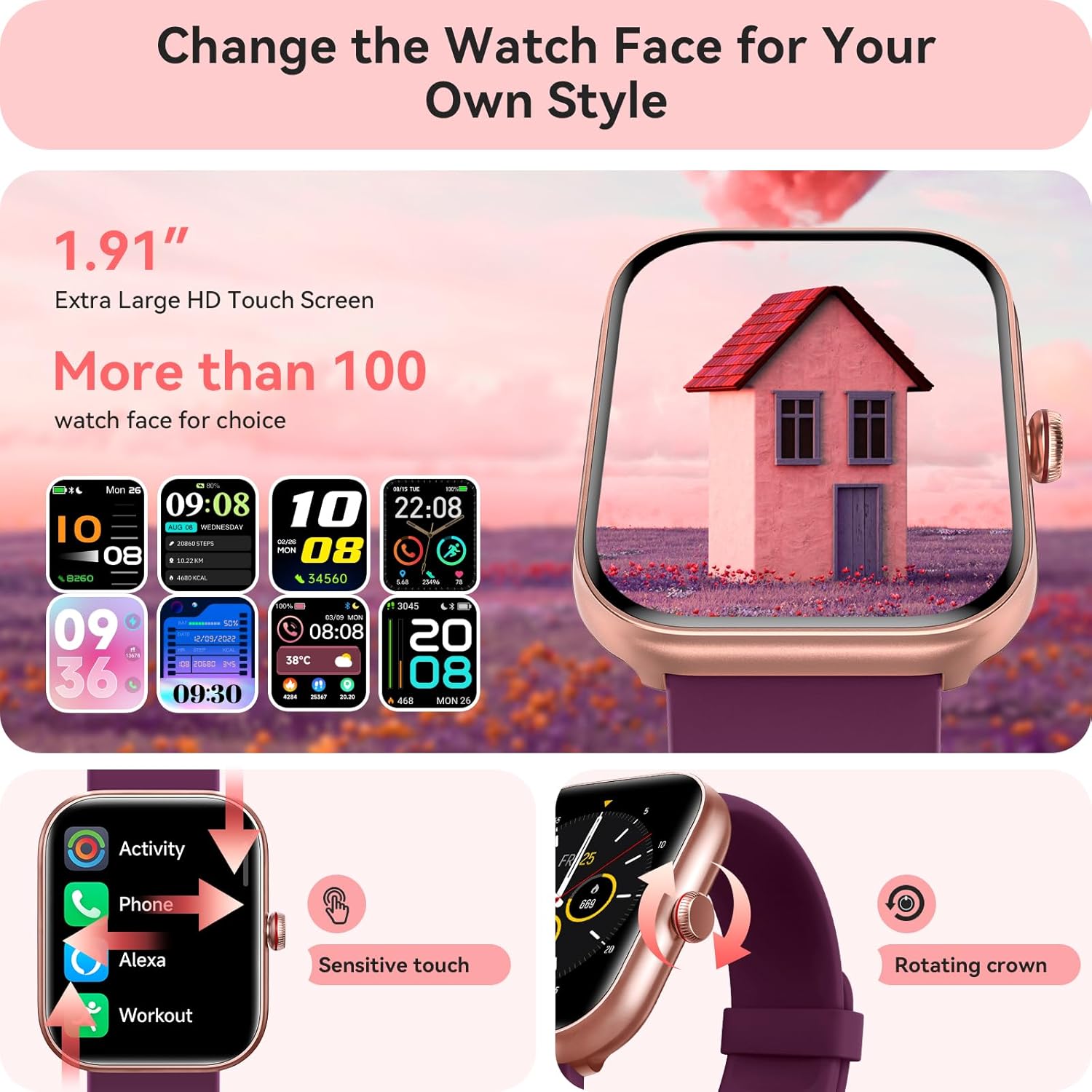 Smart Watch for Women Men, Smartwatch for iPhone  Android Bluetooth (Answer/Call) Built-in Alexa, 1.91 HD Fitness Tracker with 105+ Sport Modes, IP68 Waterproof, Sleep/Heart Rate/SpO2/Stress Monitor
