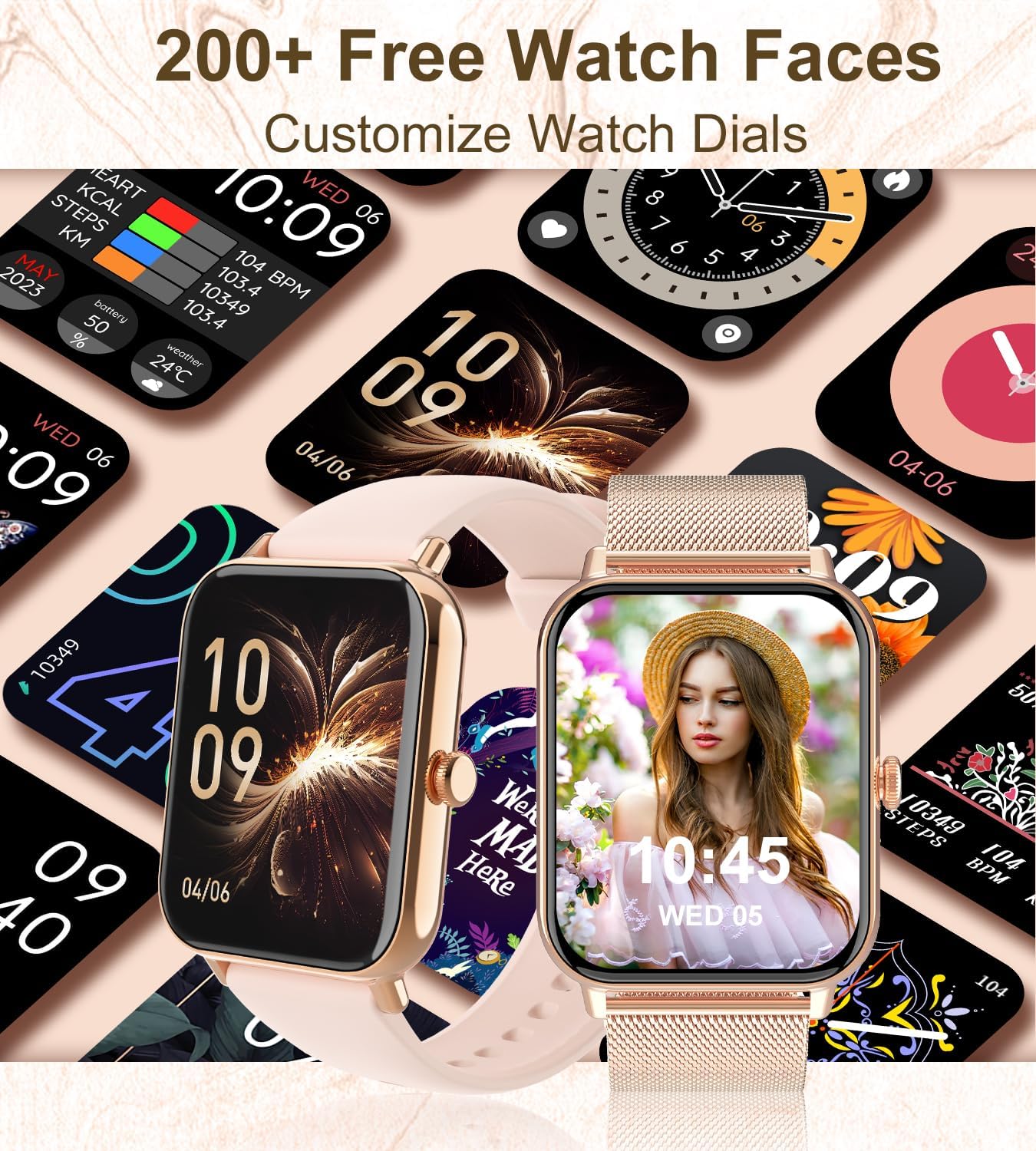 Smart Watch for Women with Bluetooth Call Answer/Dail,1.85 DIY Dial Fitness Watch with Heart Rate Sleep Monitor Step Counter Calorie Sports Modes Waterproof Womens Smart Watch for Android iOS（Gold）