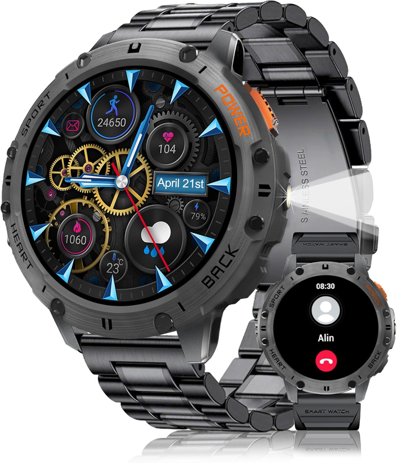 Smart Watches for Men with Flashlight(Answer/Make Calls),1,43 AMOLED Military Rugged Tactical Smartwatch,5ATM Waterproof/Heart Rate Monitor/Fitness Tracker for iOS Android,5-Bead