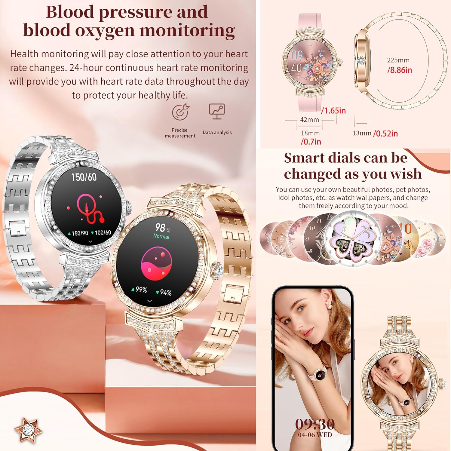 Smart Watches for Women(Answer/Make Call), 1.32 AMOLED Fitness Tracker Watch with Blood Pressure/Heart Rate Monitor, Fitness Watch for Men, 100+ Sports Smart Watch for Android/iOS Phones (Gold)