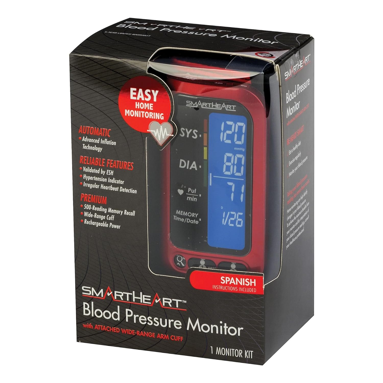 SmartHeart Blood Pressure Monitor | Attached Upper Arm Cuff | Advanced Inflation Technology | 500-Reading Memory