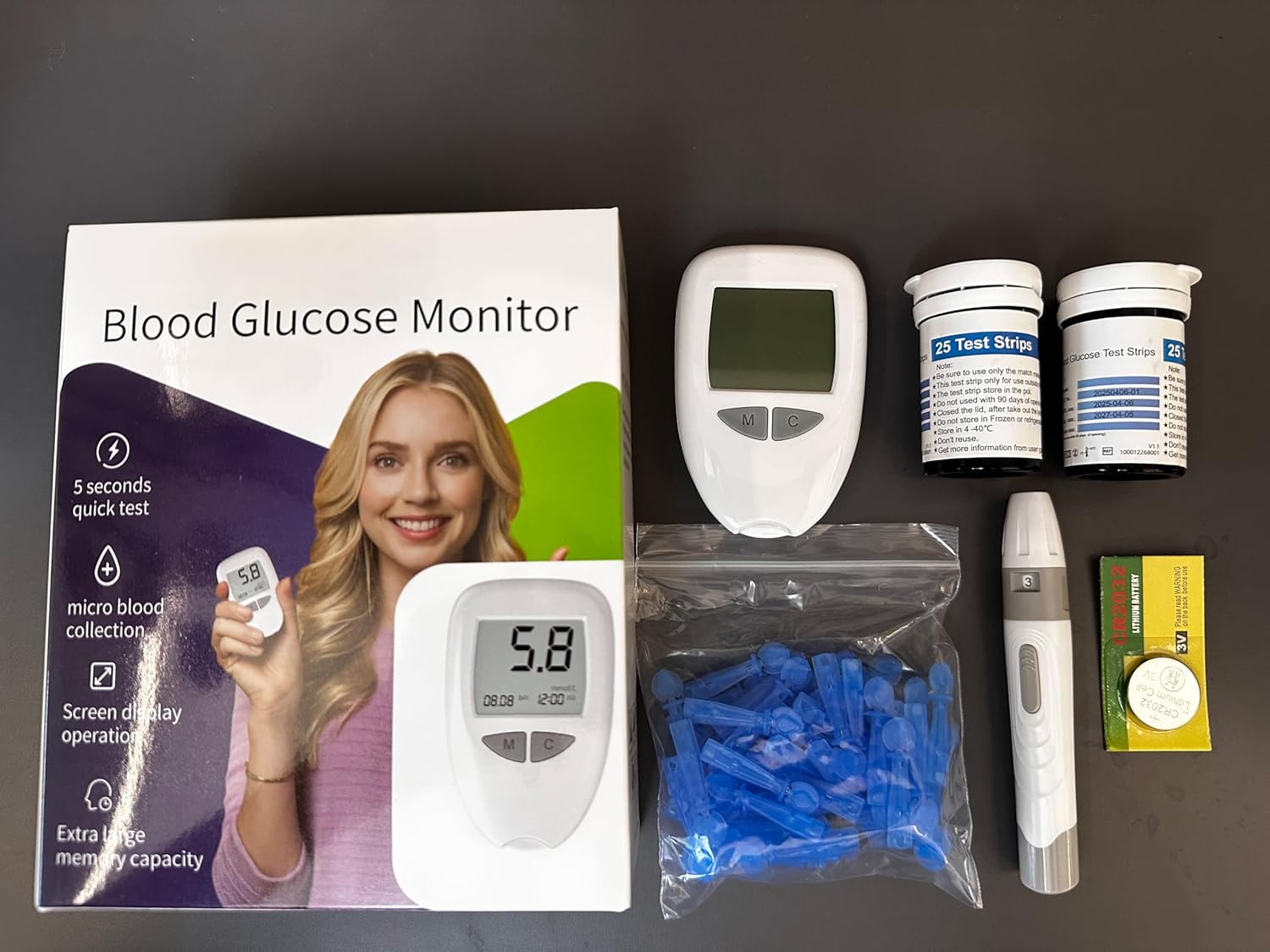 TeleRPM Gen2 Blood Glucose Monitor, 100 Glucometer Strips, 100 Lancets, 1 Blood Sugar Monitor, Blood Sugar Test Kit with Control Solution, Lancing Device, Large Display