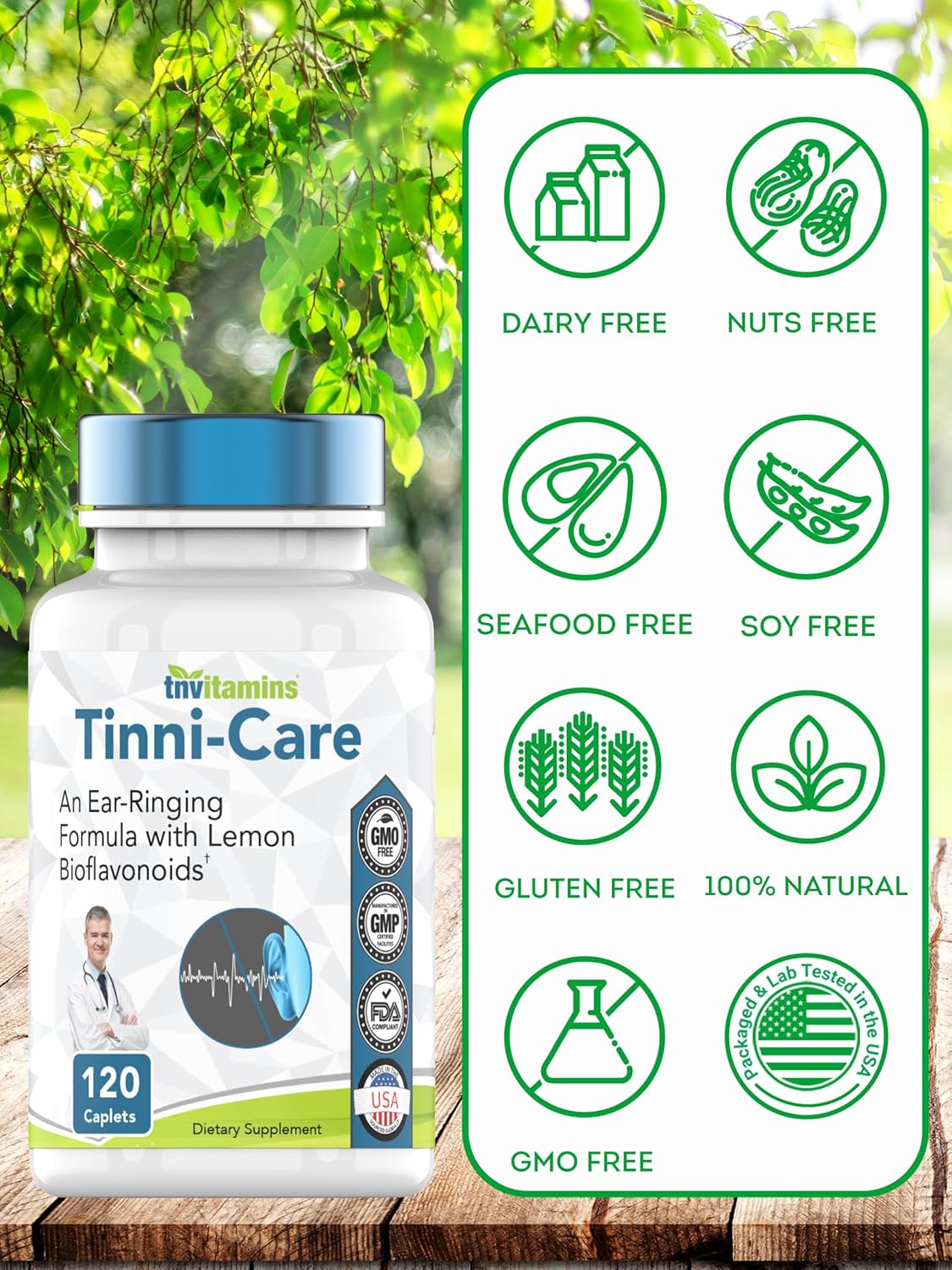 Tinni-Care Lemon Bioflavaniod Supplement an Ear Ringing Relief Formula That May Help with Ringing Over Time | 120 Caplets - Vitamins C, B1, B2, B6  B12