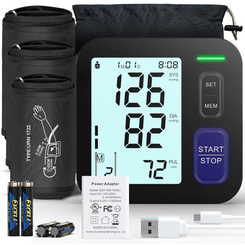 Upper Arm Blood Pressure Machine - 3 Size Cuffs, Small 7-9, Medium 9-17 and Extra Large XL 13-21 for Big Arms, Accurate Automatic Digital BP Machine for Home Use, Large Display, 3 Users