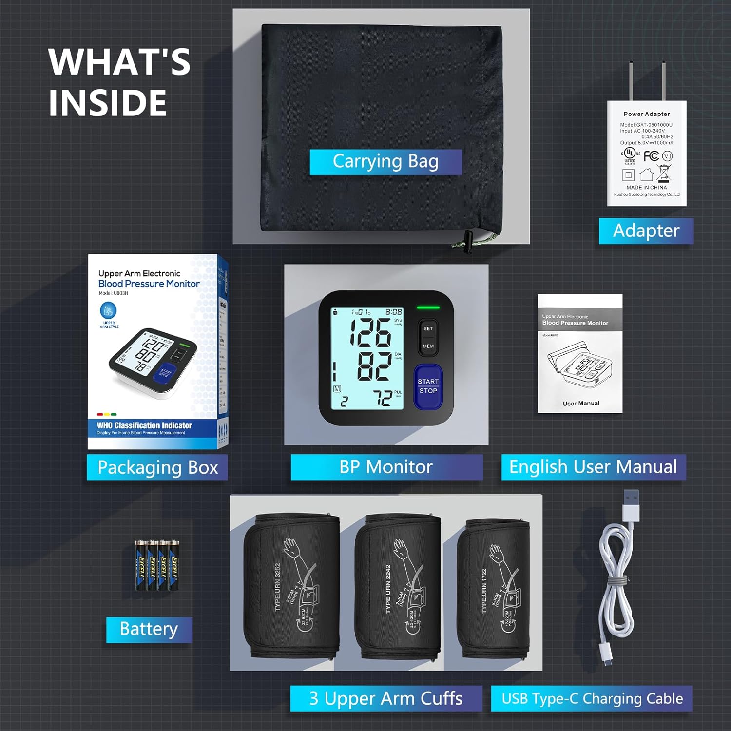 Upper Arm Blood Pressure Machine - 3 Size Cuffs, Small 7-9, Medium 9-17 and Extra Large XL 13-21 for Big Arms, Accurate Automatic Digital BP Machine for Home Use, Large Display, 3 Users