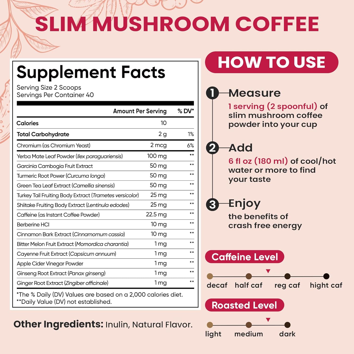 Venture Pal Slim Mushroom Coffee for Weight Loss, Instant Coffee with Berberine, Cinnamon, Yerba Mate, Turmeric,  More, 1800mg(10:1) Extract for Diet Support  Metabolism Boost - 40 Servings