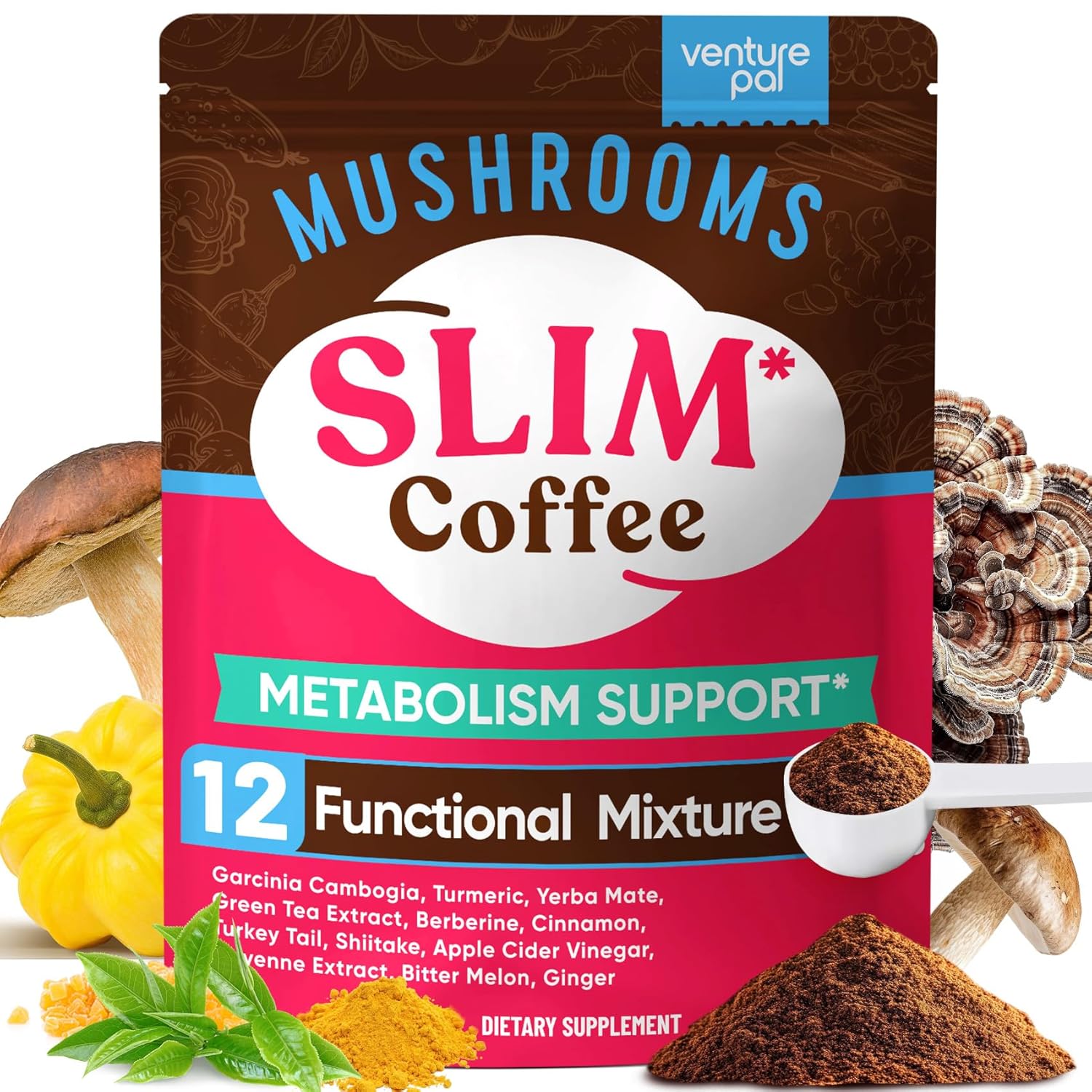 Venture Pal Slim Mushroom Coffee for Weight Loss, Instant Coffee with Berberine, Cinnamon, Yerba Mate, Turmeric,  More, 1800mg(10:1) Extract for Diet Support  Metabolism Boost - 40 Servings